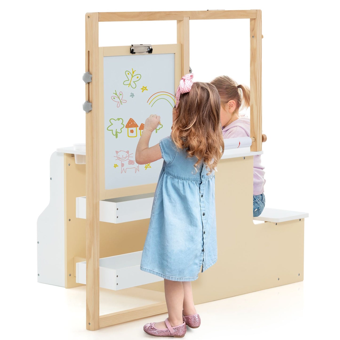 Kids Art Easel Table and Bench Set with Adjustable Easel and Bookshelf
