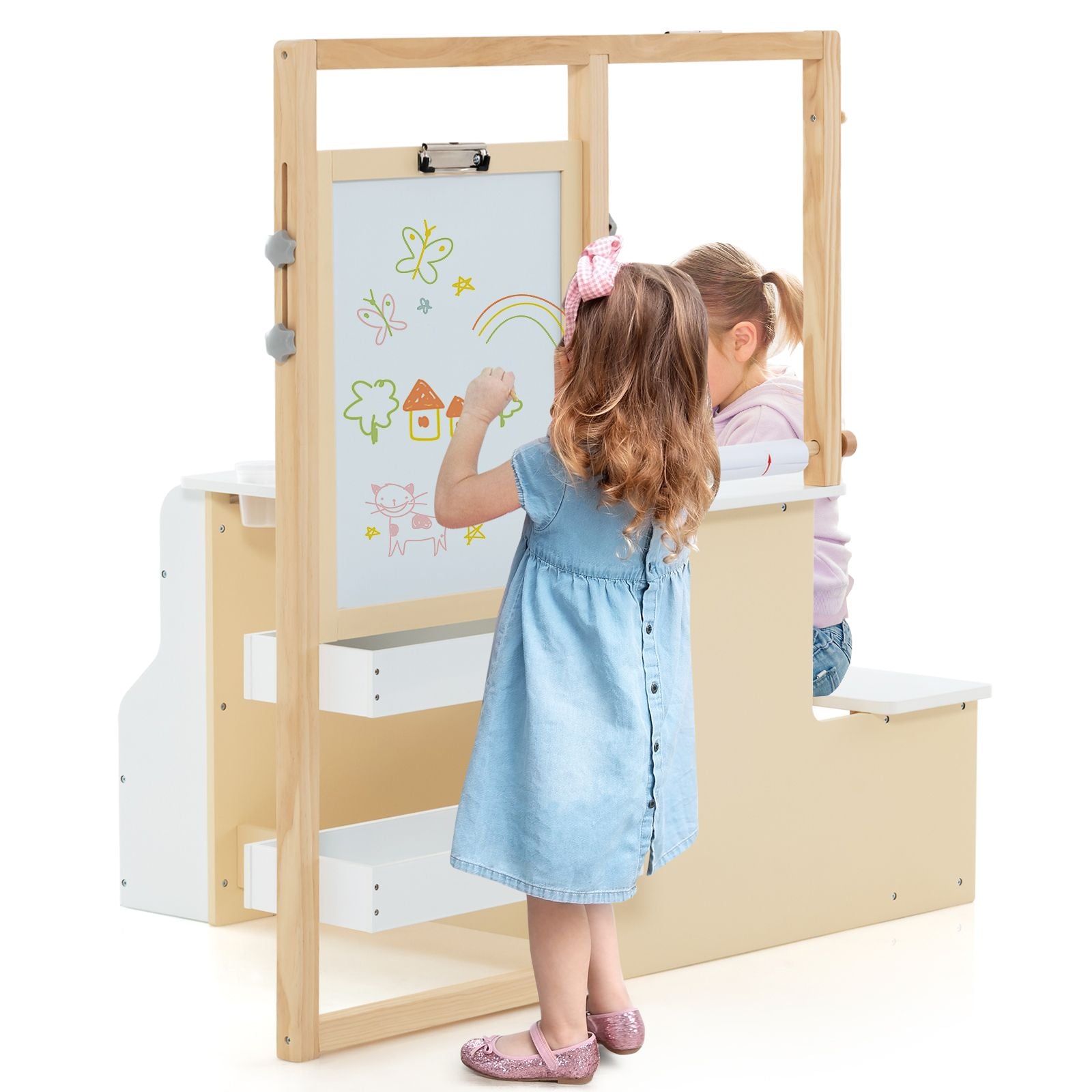 Kids Art Easel Table and Bench Set with Adjustable Easel and Bookshelf