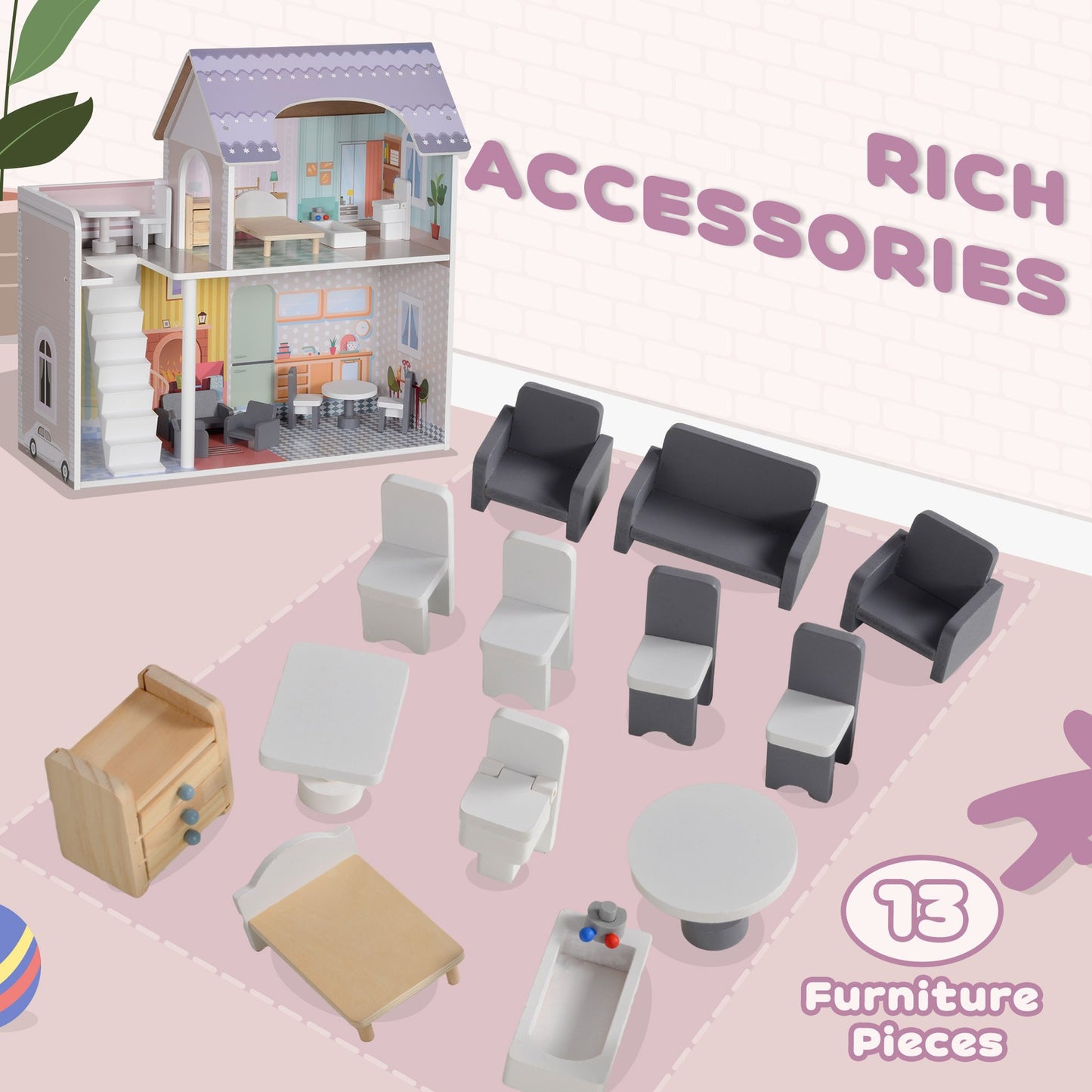 2 Levels Doll House, Pretend Play Set W/ 13 Furniture Pieces, for 3-6 Years