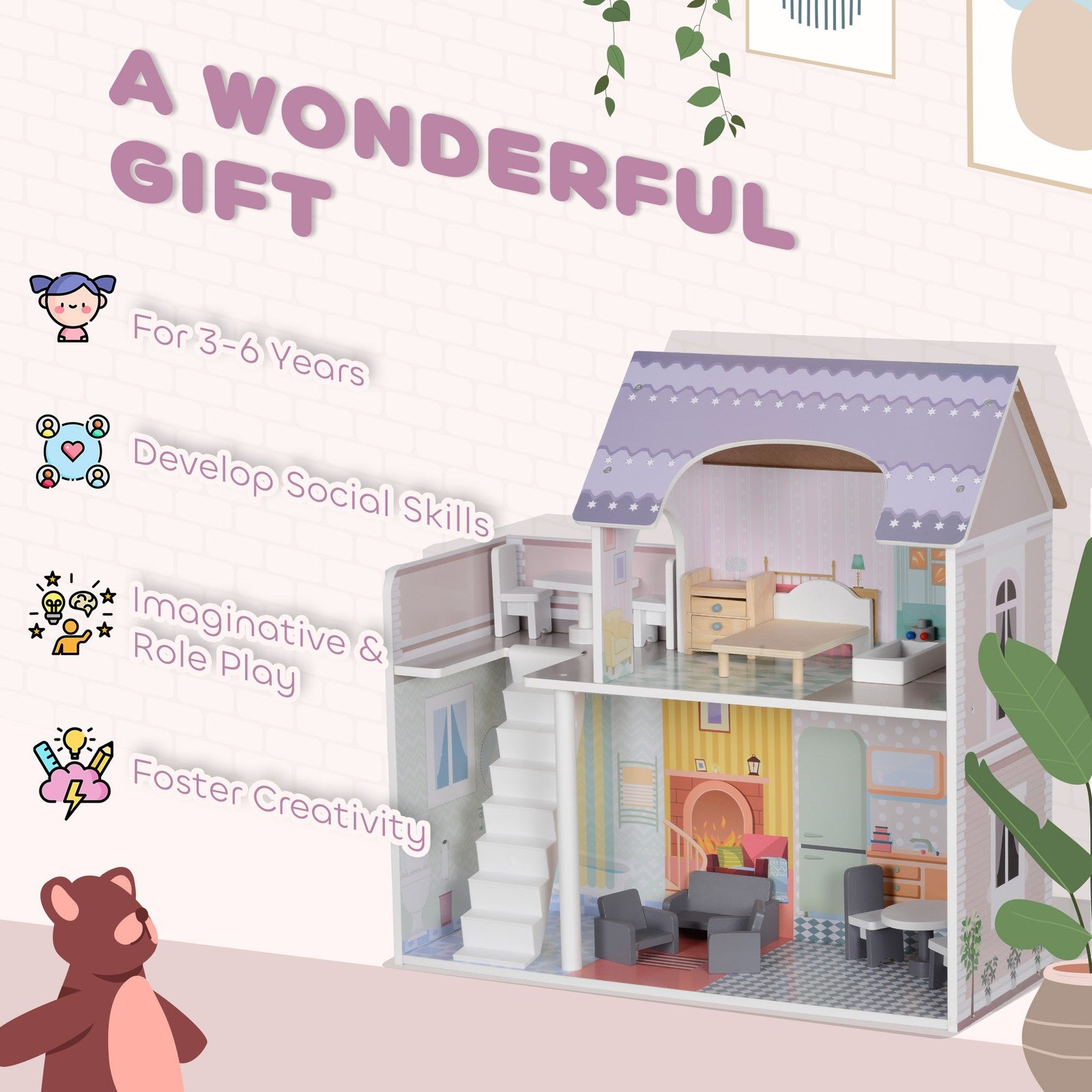 2 Levels Doll House, Pretend Play Set W/ 13 Furniture Pieces, for 3-6 Years