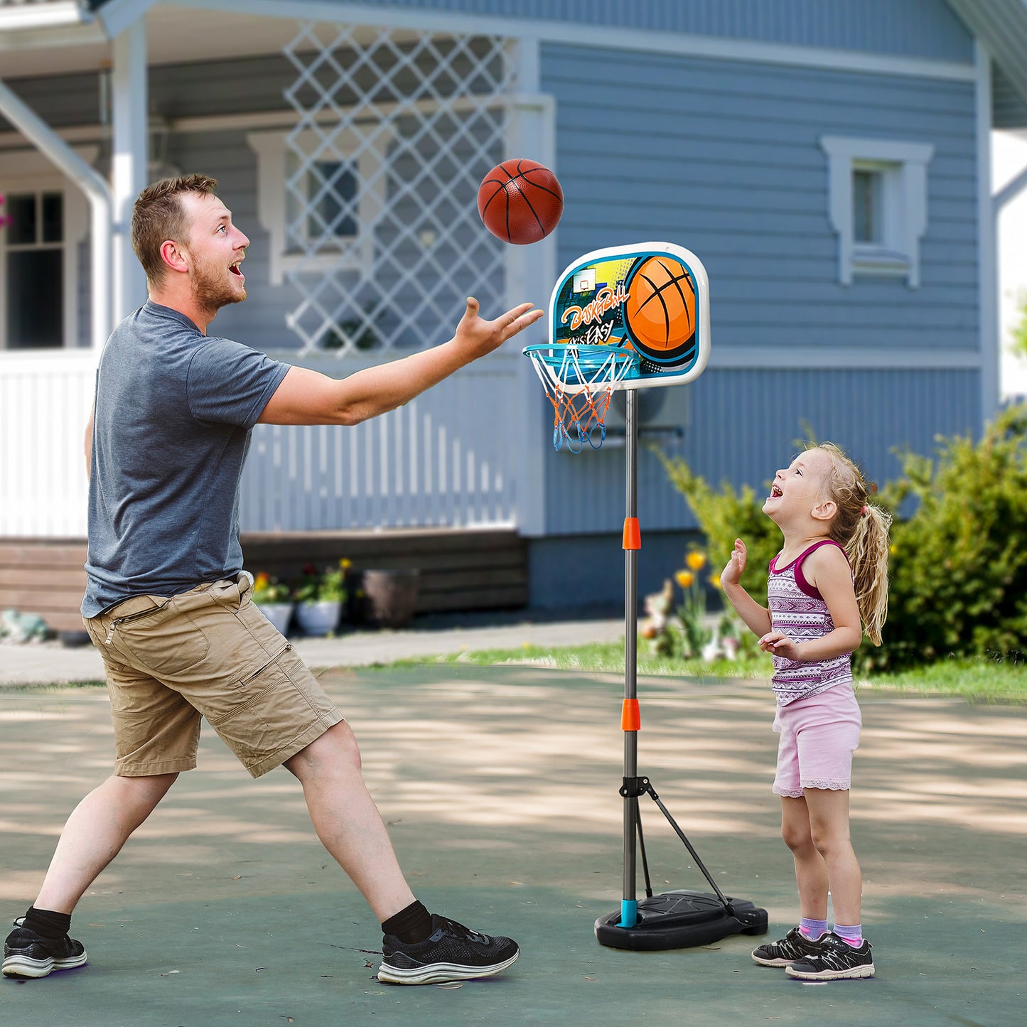 3 Pcs Kids Basketball Set W/ Hoop Ball Pump Height Fillable Base 3-8 Yrs