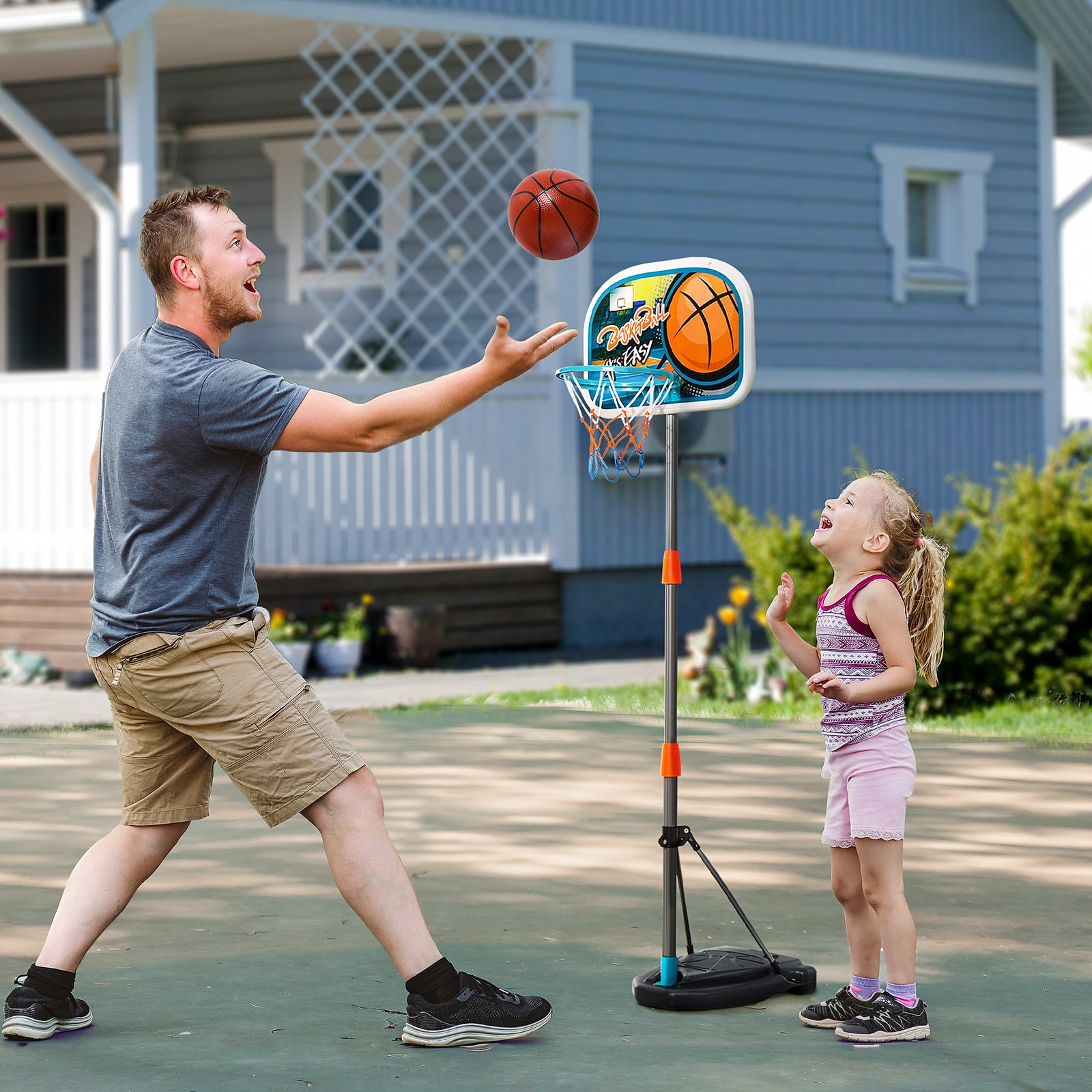 3 Pcs Kids Basketball Set W/ Hoop Ball Pump Height Fillable Base 3-8 Yrs