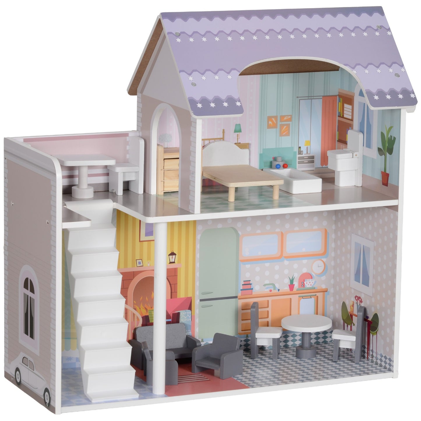 2 Levels Doll House, Pretend Play Set W/ 13 Furniture Pieces, for 3-6 Years
