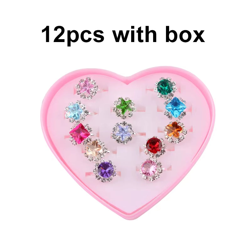 10/20/36 Pcs Cute Adjustable Rings Children Girls Pretend Play Makeup Toys Cartoon Crystal Jewelry Alloy Animal Enamel Ring