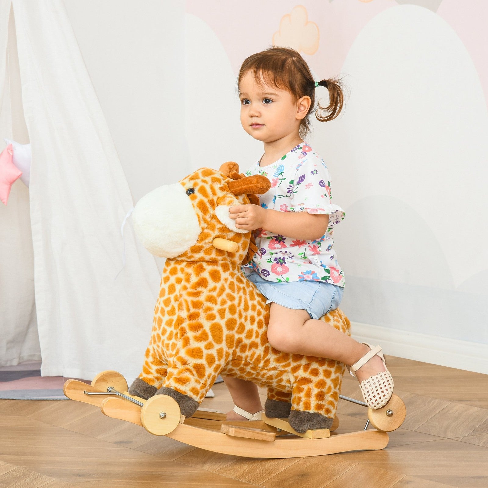 2-IN-1 Kids Plush Ride-On Rocking Gliding Horse Giraffe-Shaped for Child Yellow