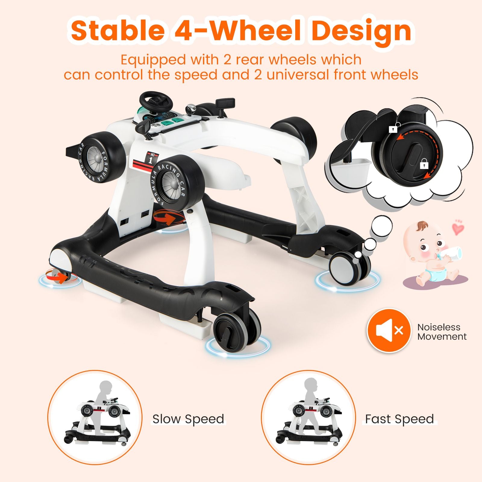 4-In-1 Baby Push Walker with Adjustable Height and Speed