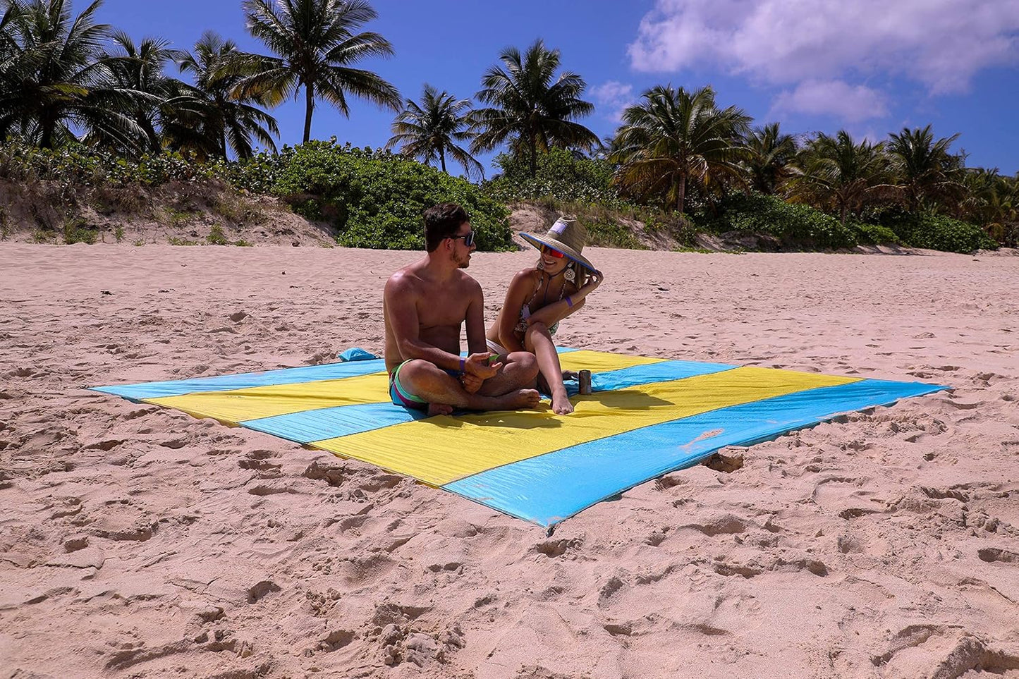 Premium XXL Beach Blanket Sandproof Water Resistant Quick Dry Mat 10Ft by 9Ft for 1-8 Adults with 4 Metal Stakes, 4 Corner Pockets, Secure Clip and Strap, and Attached Bag