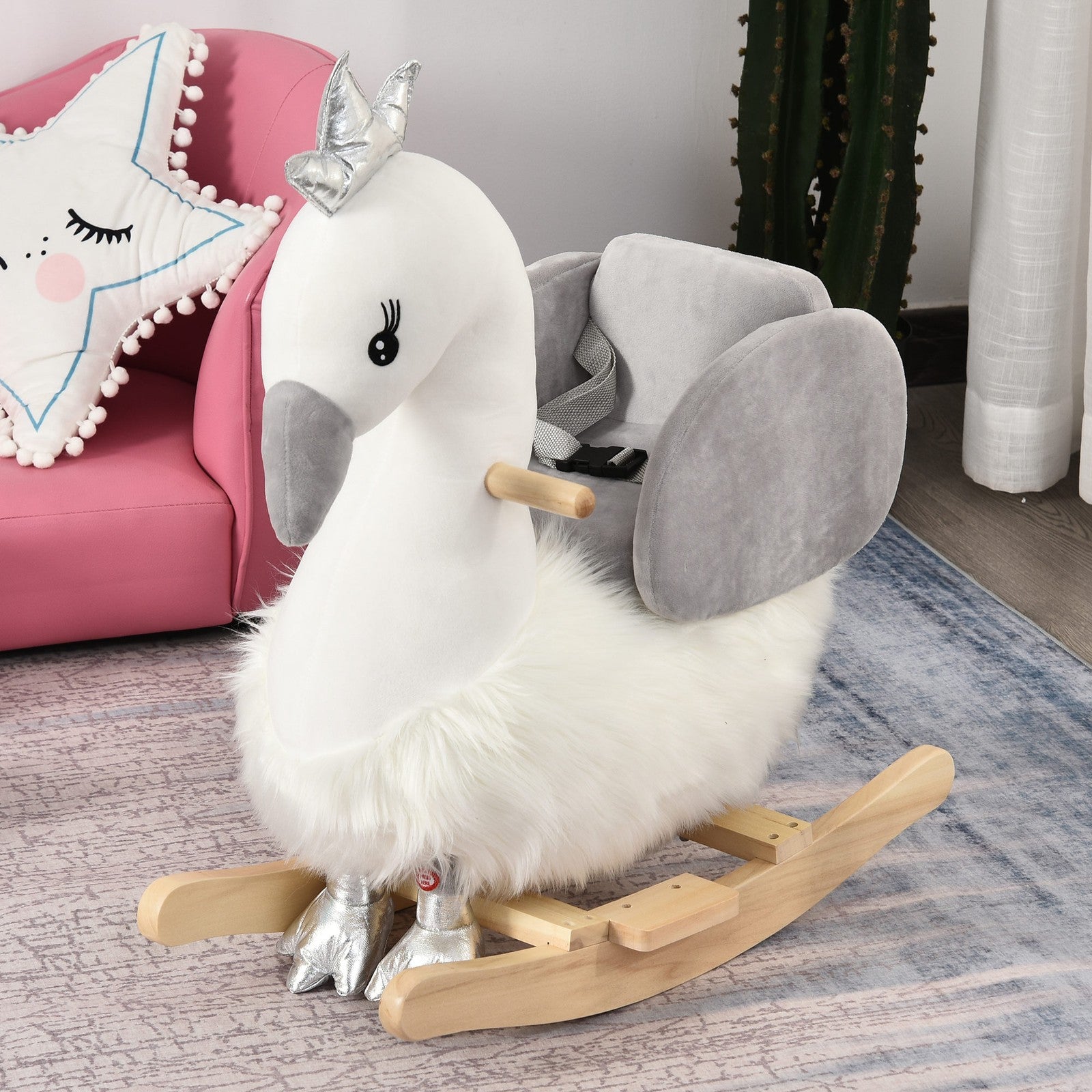 Cute Kids Ride-On Rocking Swan W/ Sound Handlebars Seat Belt Plush Body