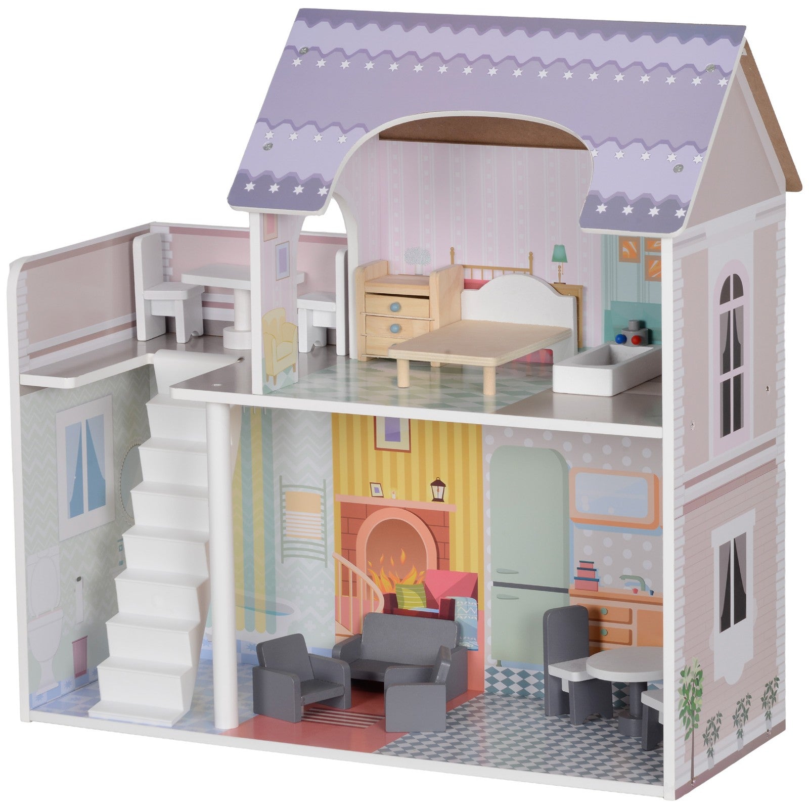 2 Levels Doll House, Pretend Play Set W/ 13 Furniture Pieces, for 3-6 Years