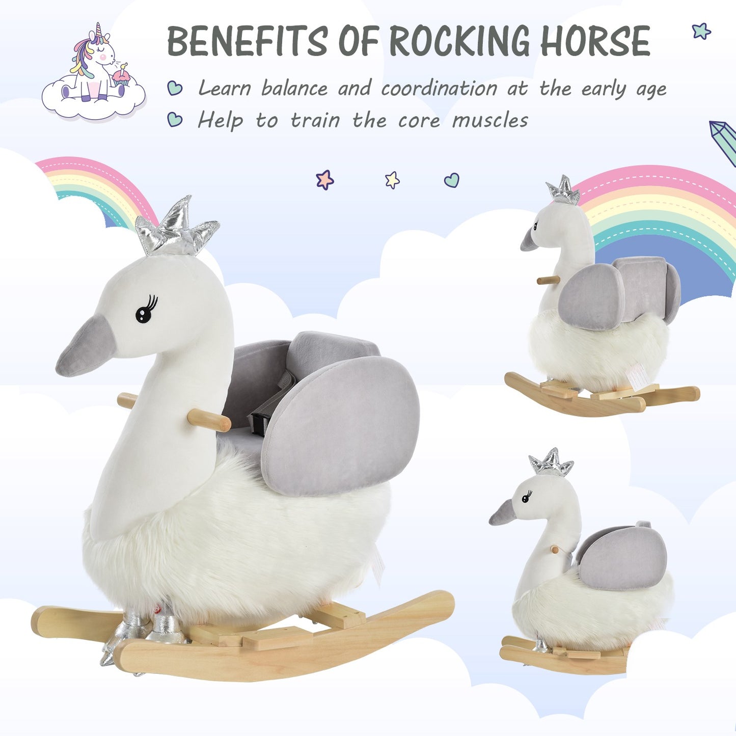 Cute Kids Ride-On Rocking Swan W/ Sound Handlebars Seat Belt Plush Body