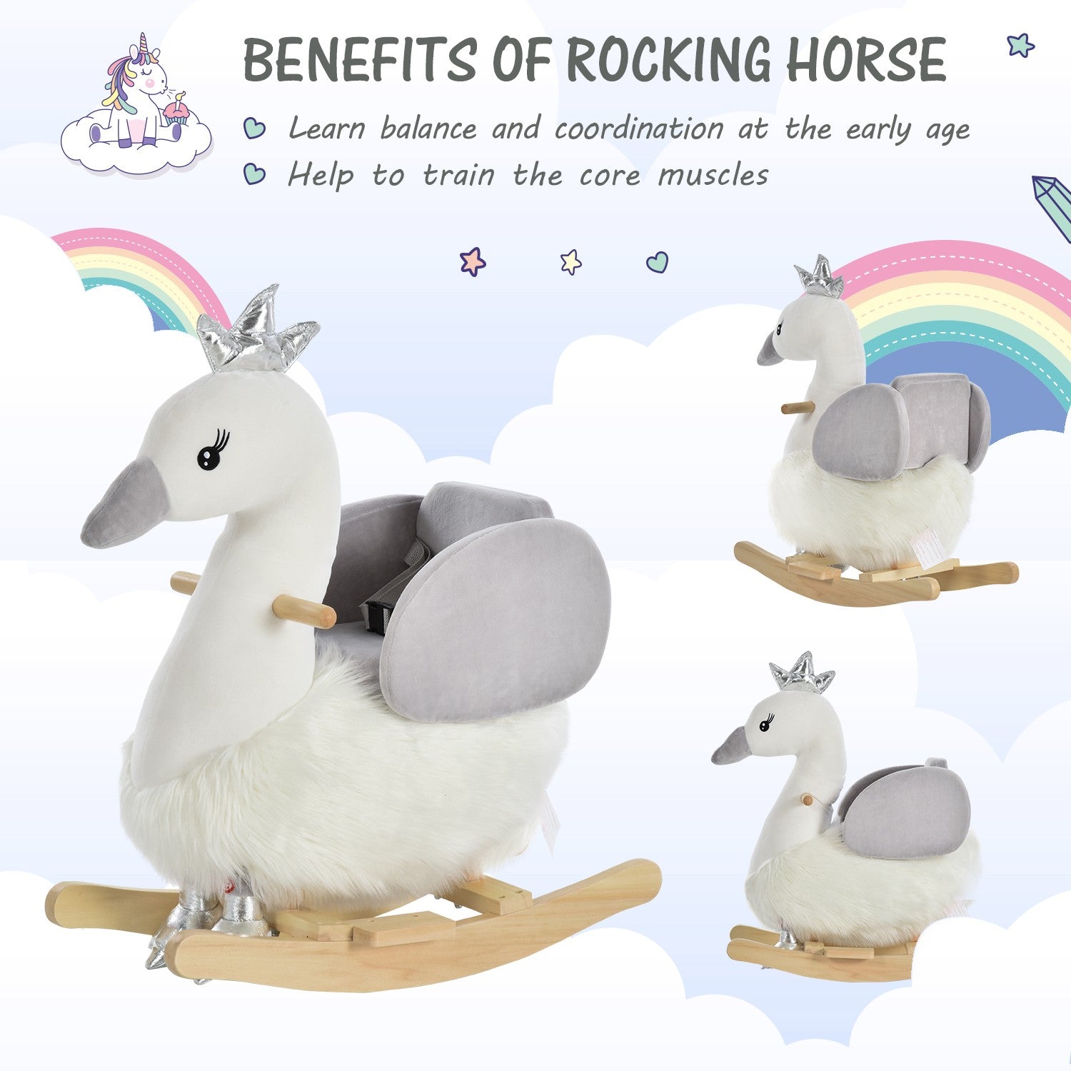 Cute Kids Ride-On Rocking Swan W/ Sound Handlebars Seat Belt Plush Body