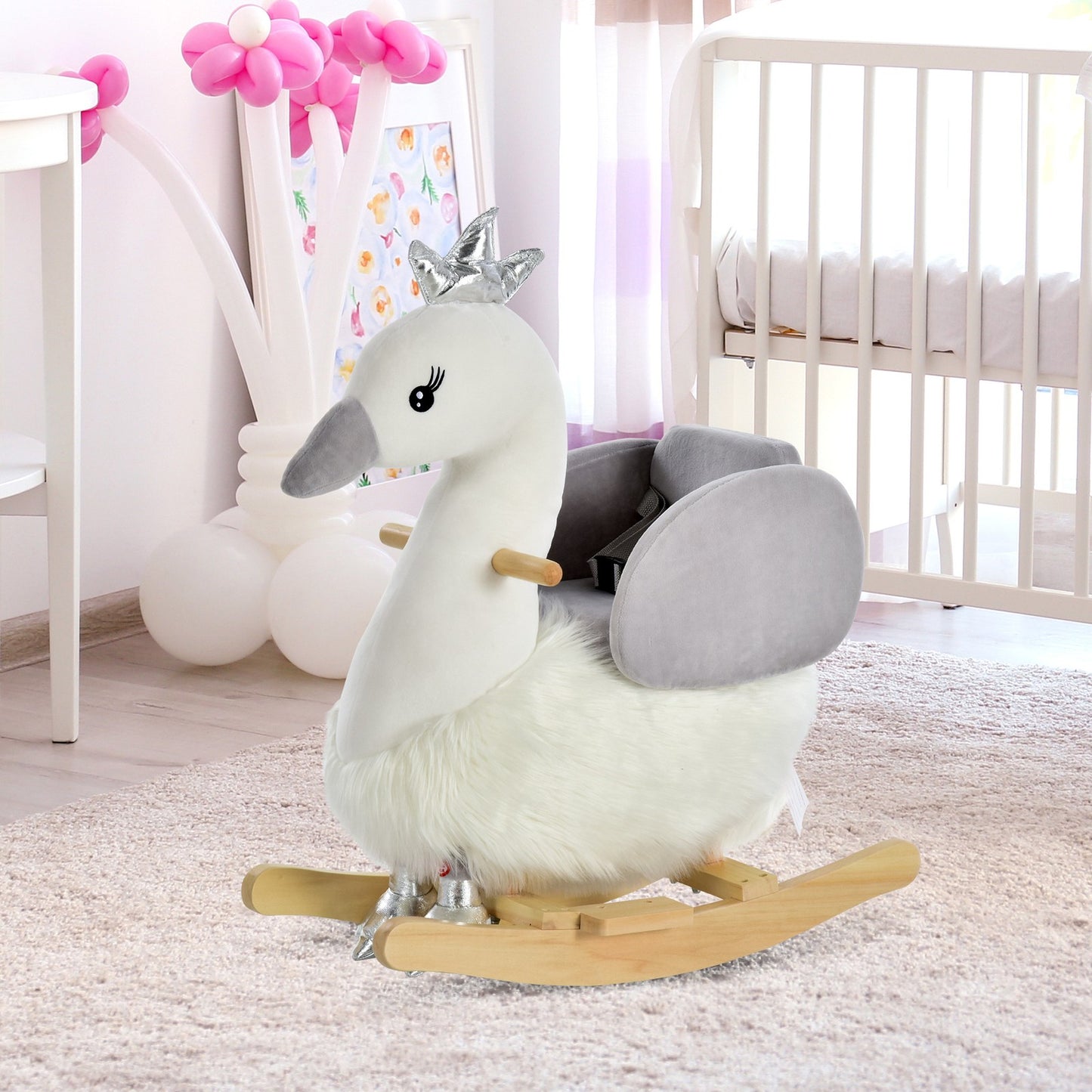 Cute Kids Ride-On Rocking Swan W/ Sound Handlebars Seat Belt Plush Body