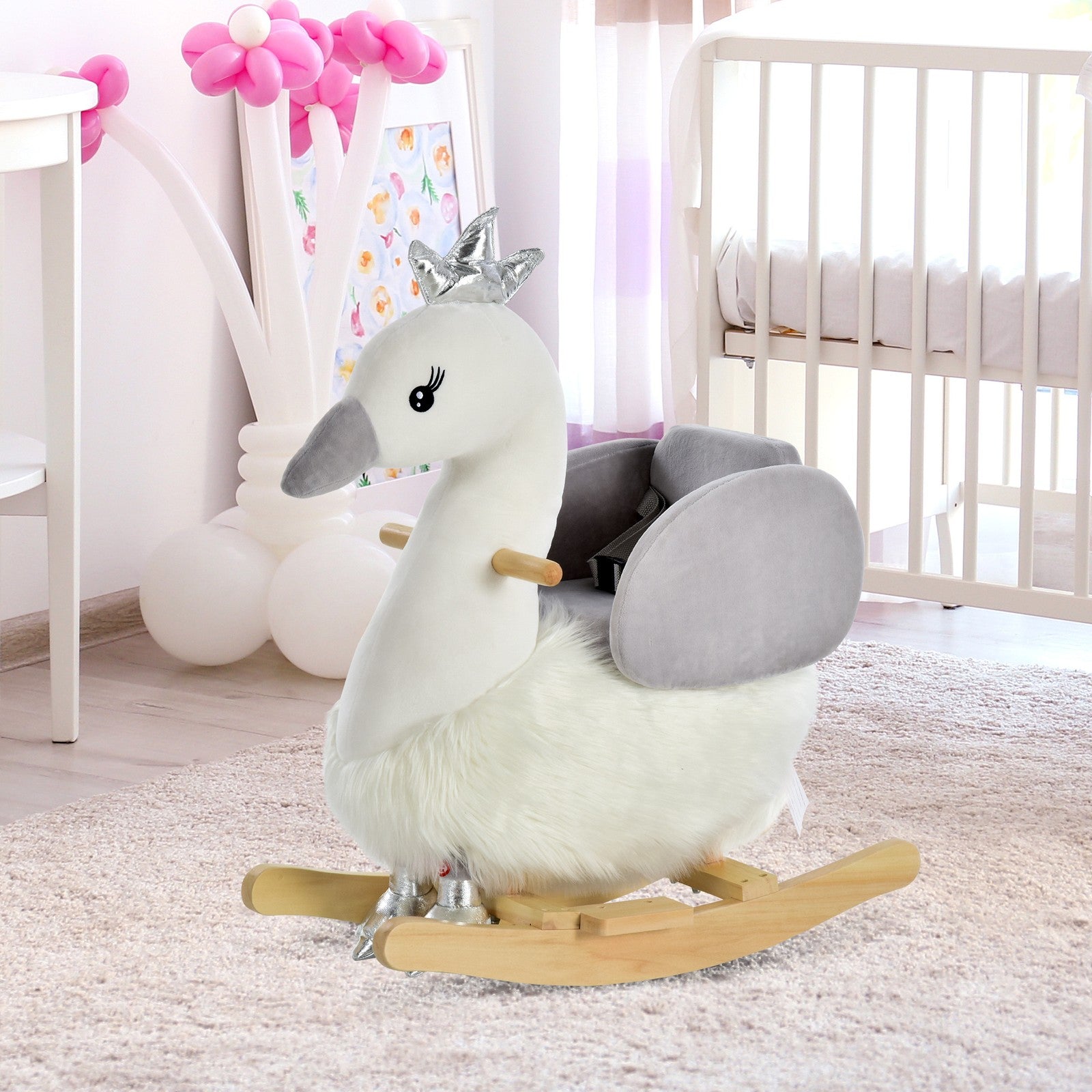 Cute Kids Ride-On Rocking Swan W/ Sound Handlebars Seat Belt Plush Body