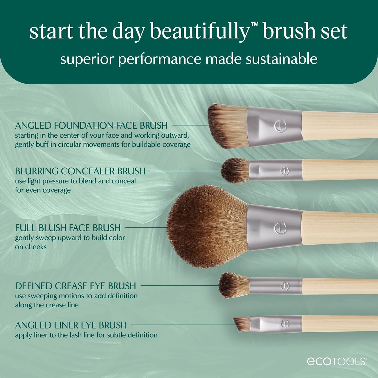 6 Piece Start the Day Beautifully Makeup Brush Set, Makeup Brushes for Eyeshadow, Blush, Concealer, & Foundation Application, Eco-Friendly, Synthetic Hair, Vegan & Cruelty-Free