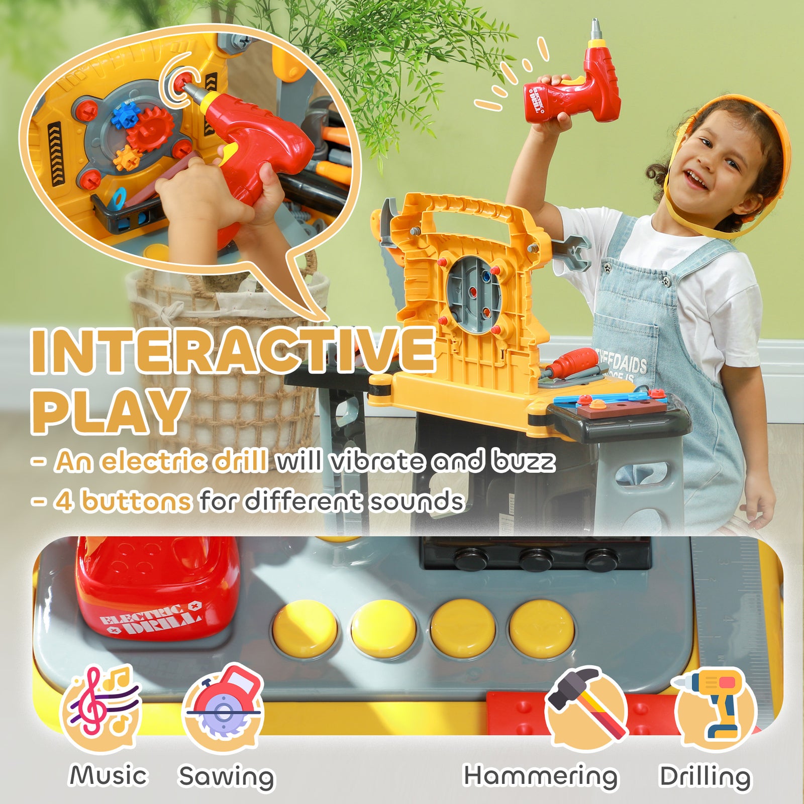 102-Piece Kids Tool Bench with Electric Drill, Storage, for 3-6 Years, Yellow