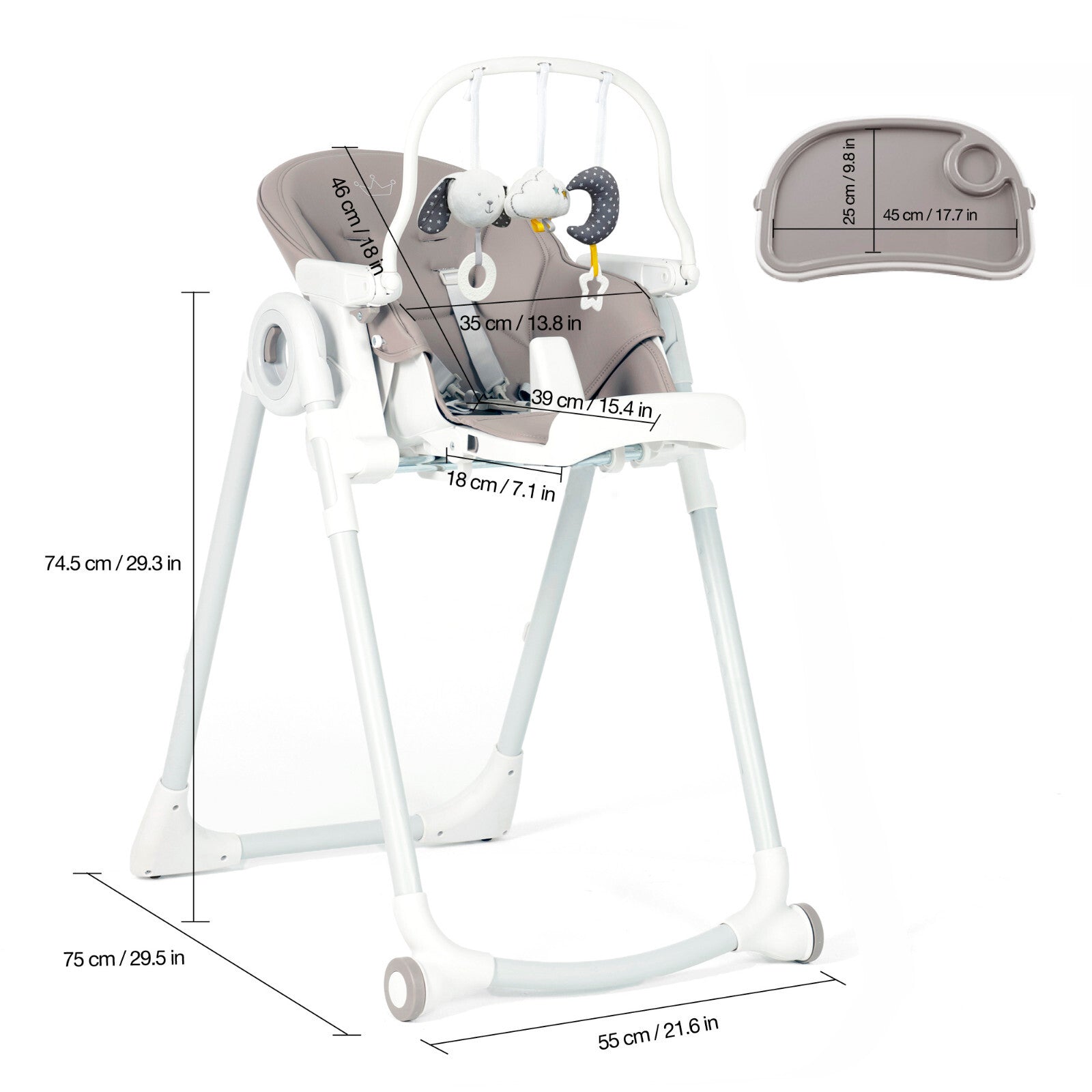 3-In-1 High Chair for Baby Kids Seat Highchair with Activity Toys - Grey/ White